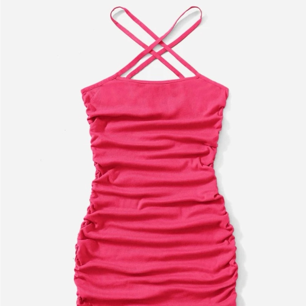 Pink Ruched Cross Halter Dress SHEIN - XS (2)